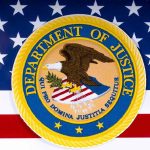 Over 100 Resignations at DOJ! Department of Justice seal on American flag background.