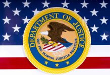Over 100 Resignations at DOJ! Department of Justice seal on American flag background.