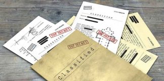 Horrifying Epstein Lair Photos Drop Classified documents with Top Secret stamps on wooden surface.