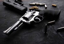 Brown Shooting Horror–Killer Still Loose! Revolvers and bullets on a dark surface.