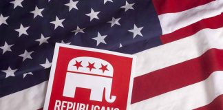 Republican symbol on American flag background.