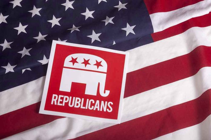305852282 Republican symbol on American flag background.