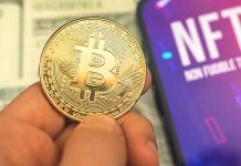 Person holding Bitcoin coin, NFT text on screen.