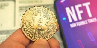 Corporate Crypto Boom Begins Person holding Bitcoin coin, NFT text on screen.