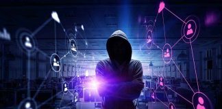 Hacker in hooded sweatshirt with digital connections overlay.