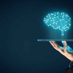 Trump Deregulation Unlocks Brain Scans Hand holding tablet projecting digital brain hologram.