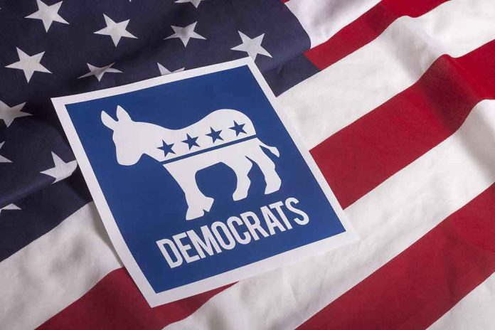 305852246 Democratic Party symbol on American flag background.