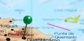 Map with pin on Guantánamo, Cuba.