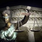 DOJ Demands Judge Out — Willis Twist Blindfolded Lady Justice with scales, Supreme Court background.