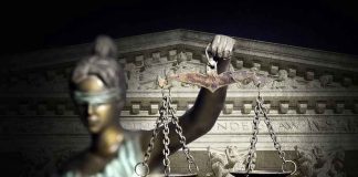 DOJ Demands Judge Out — Willis Twist Blindfolded Lady Justice with scales, Supreme Court background.