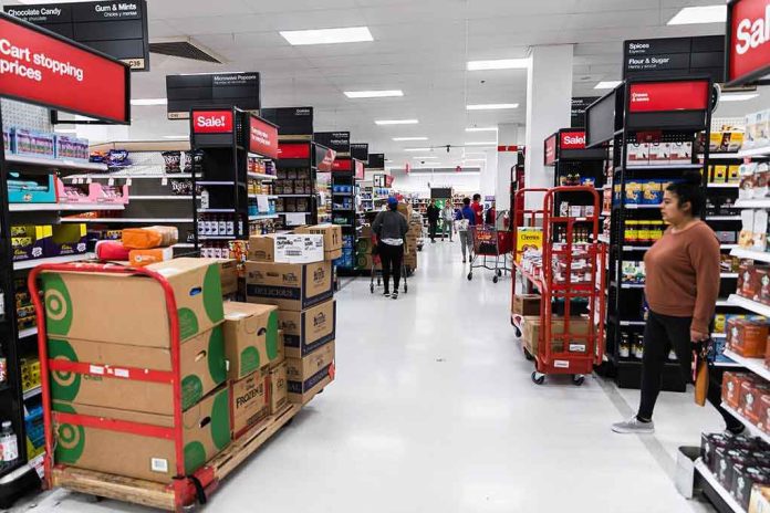shutterstock_1679032018 Interior of a grocery store with shelves filled with products and shoppers