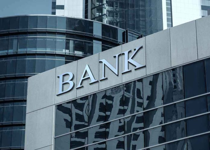 Bank building with reflective glass windows.