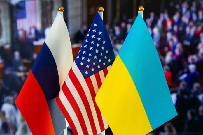 Russian, American, and Ukrainian flags side by side