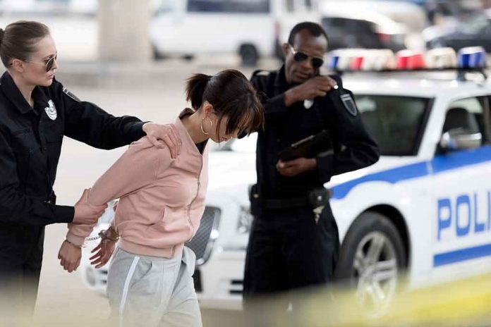 Police officers detain a woman beside a patrol car