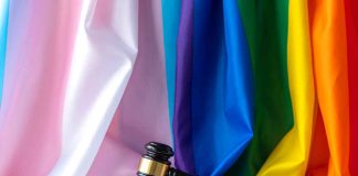 A gavel resting on a surface in front of colorful pride flags