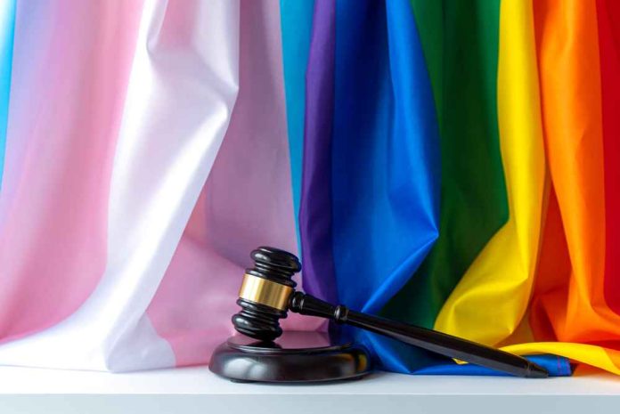 A gavel resting on a surface in front of colorful pride flags