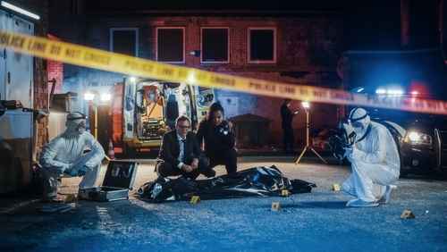 shutterstock_2230645937-1 Police and forensic team investigating a crime scene in a dark alley