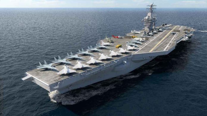 aircraft-carrier661498807jpg Aircraft carrier sailing at sea with jets lined up on the flight deck