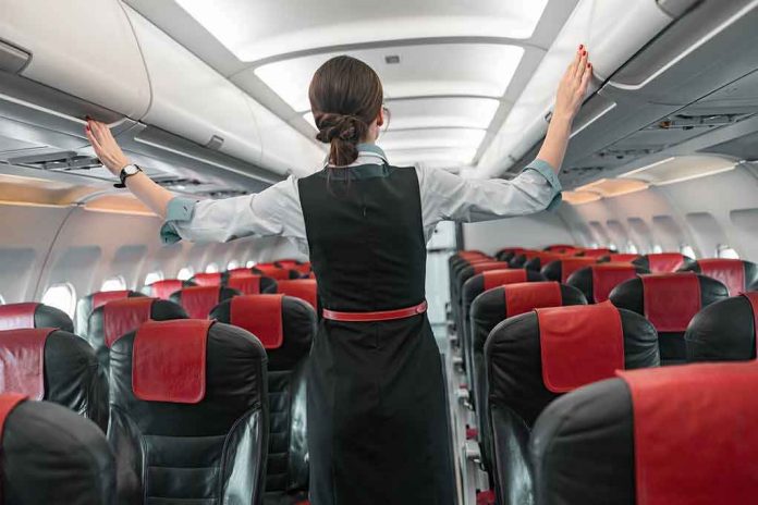 Flight attendant checks overhead bins in empty airplane cabin
