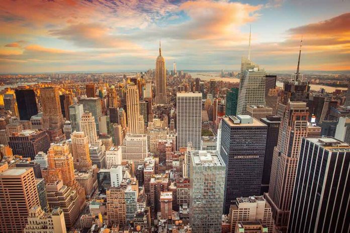 shutterstock_199319276-1 Aerial view of New York City skyline during sunset with skyscrapers and clouds
