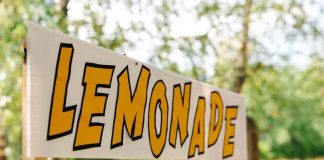 Lemonade Glory — PATRIOTISM is ALIVE and WELL Lemonade stand sign with bold yellow letters outdoors