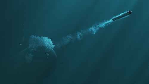 shutterstock_2291555611-1 A submarine launching a torpedo underwater