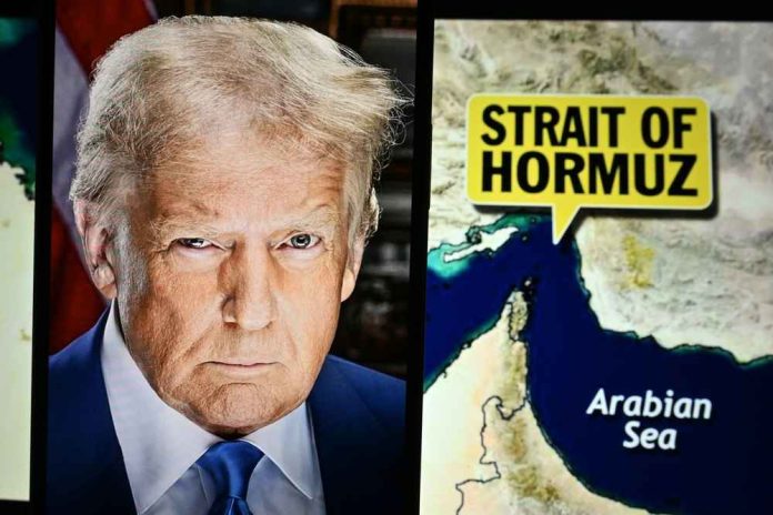 shutterstock_2644767589 A political figure next to a map highlighting the Strait of Hormuz