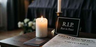 What to LOOK FOR After Stunning LOSS — Top Trump Ally Gone A candle and memorial card on a table with a newspaper featuring obituaries