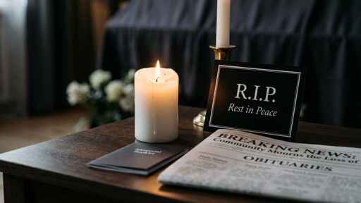 shutterstock_2767076731 A candle and memorial card on a table with a newspaper featuring obituaries