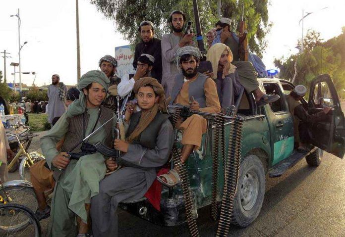 Armed men sitting on a pickup truck.