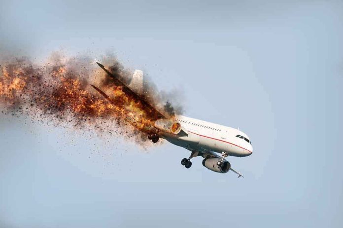 shutterstock_1013015485 Passenger airplane with engine on fire in flight