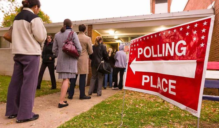 People lining up outside a polling place