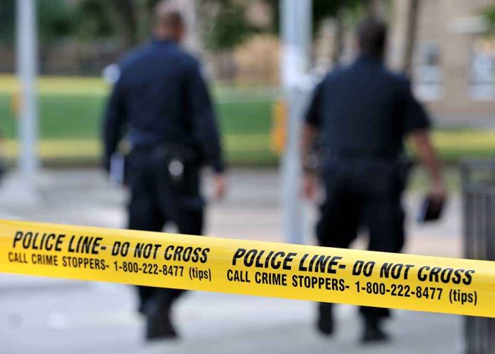 shutterstock_107853224 Police officers walking past caution tape at a crime scene