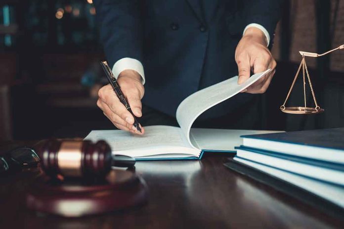 shutterstock_1079898371 Lawyer signing documents at a desk with gavel and scales