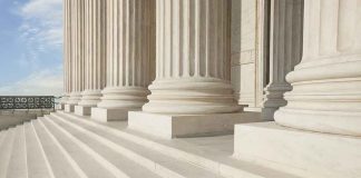 Marble columns and steps of a neoclassical building