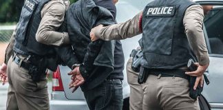 Police officers arresting a person beside a car