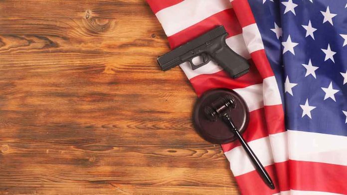 Handgun and judge's gavel on American flag over wooden table