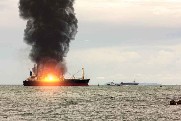 Cargo ship on fire with thick black smoke at sea