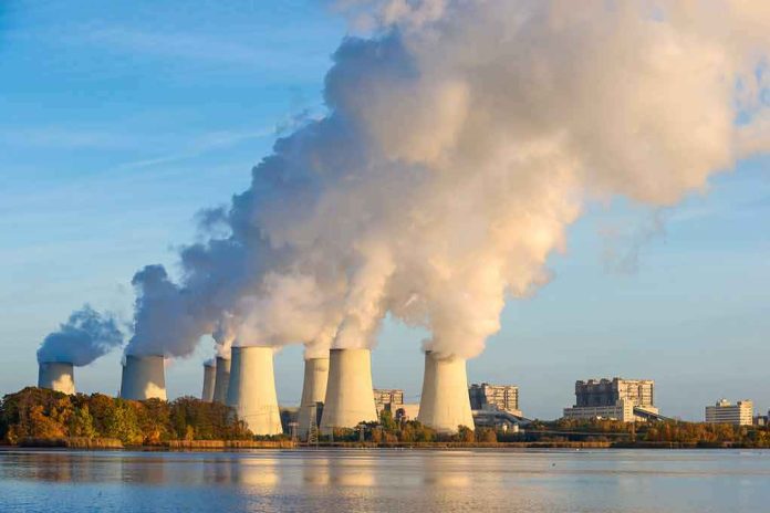 Cooling towers emitting steam at a power plant by a river