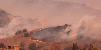Wildfire burns on hillside near suburban homes