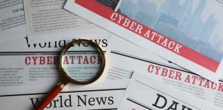 Newspapers with Cyber Attack headlines and a magnifying glass.