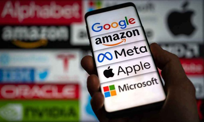 2297530397 Hand holding phone displaying tech company logos