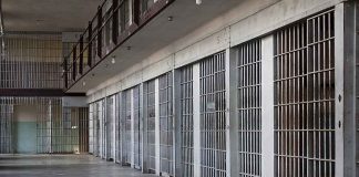 prison cell block with metal barred doors