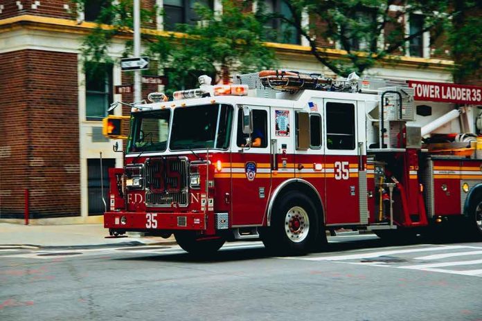 shutterstock_1016331220-1 Fire truck turning on a city street
