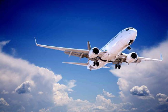Commercial airplane flying with landing gear extended against a blue sky