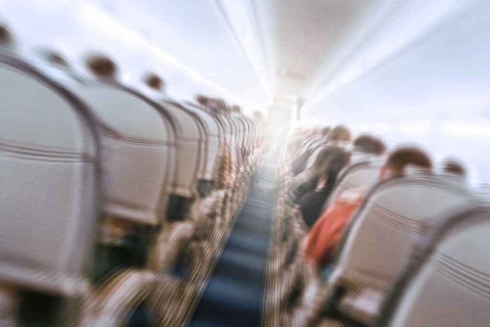shutterstock_1073612693 Airplane cabin aisle with blurred passengers and seats