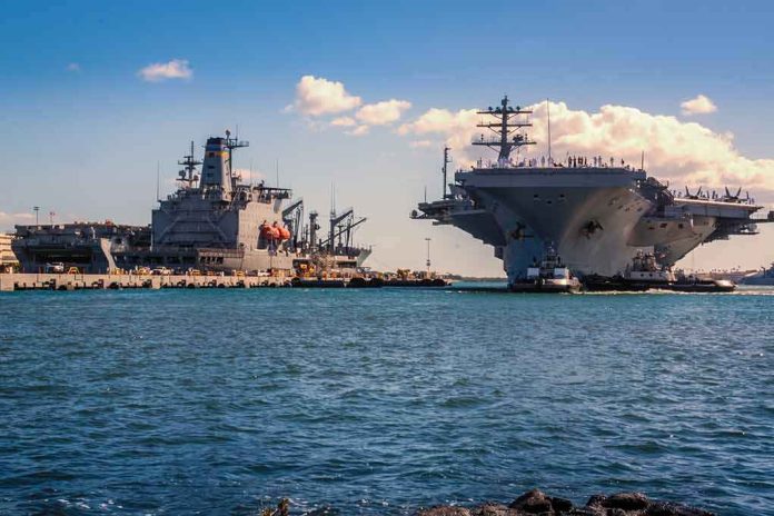 Aircraft carrier and support ships docked at a naval harbor