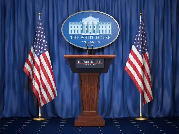 White House press podium with microphones and two American flags