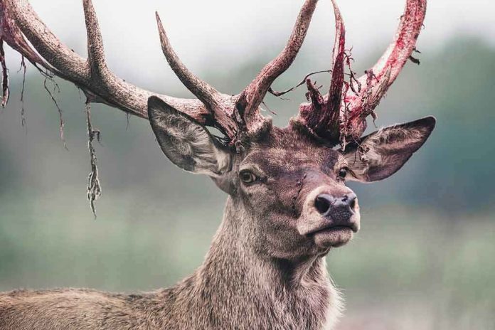 Red deer stag with shedding velvet on antlers