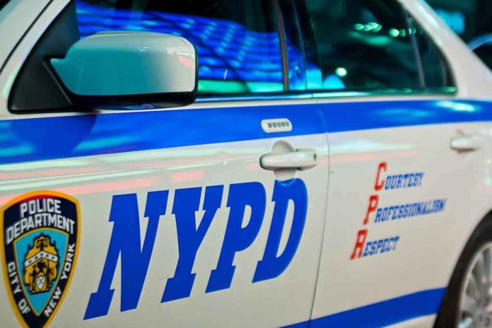 shutterstock_1396574180-2 NYPD patrol car side with blue stripe and door lettering